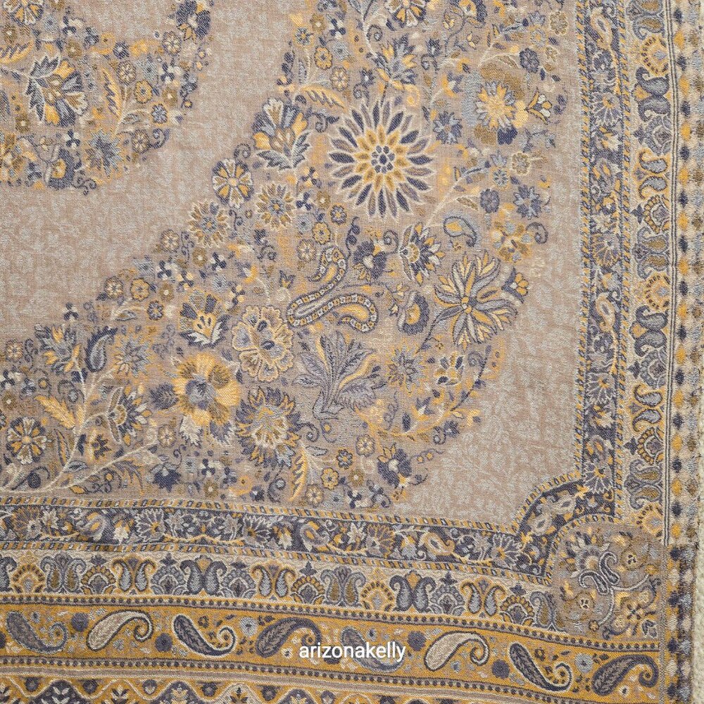 NWOT Cashmere Jacquard Lightweight Jamawar Shawl Scarf Yellow Blue - Picture 3 of 16